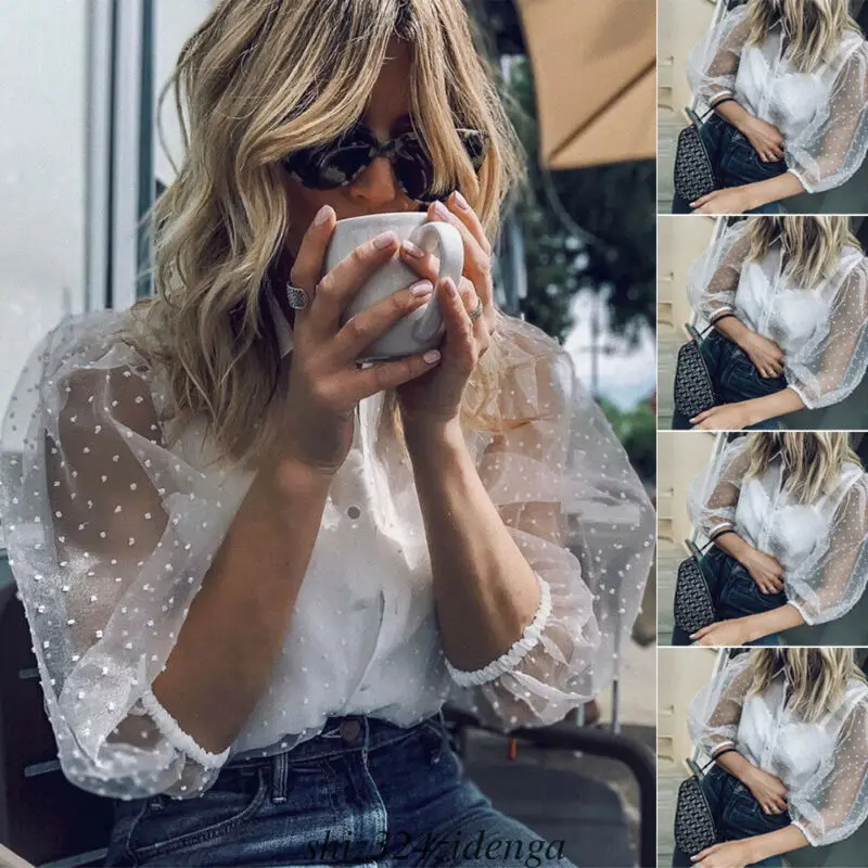 

High Street 2019 Women Blouses Transparent Lace Mesh Shirts Long Pull Sleeve Buttons Tops Dots Ladies Blouse Women Shirts