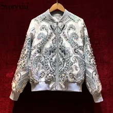  Svoryxiu Designer Autumn Winter Fashion Silver Jacquard Jackets Coat Women's Manual Beaded Totem Print luxury Overcoat Outwear 