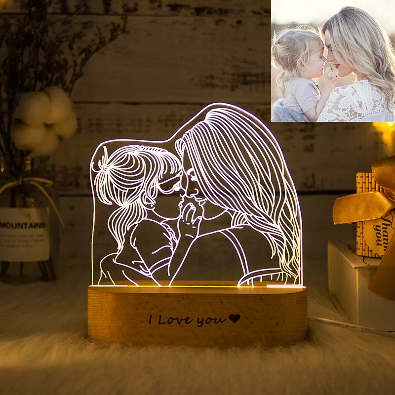 Dropshipping  Personalized Acrylic Lamp Customized Photo Text Night Light  USB Wooden Base Wedding Mother's Day Party  Gift 3