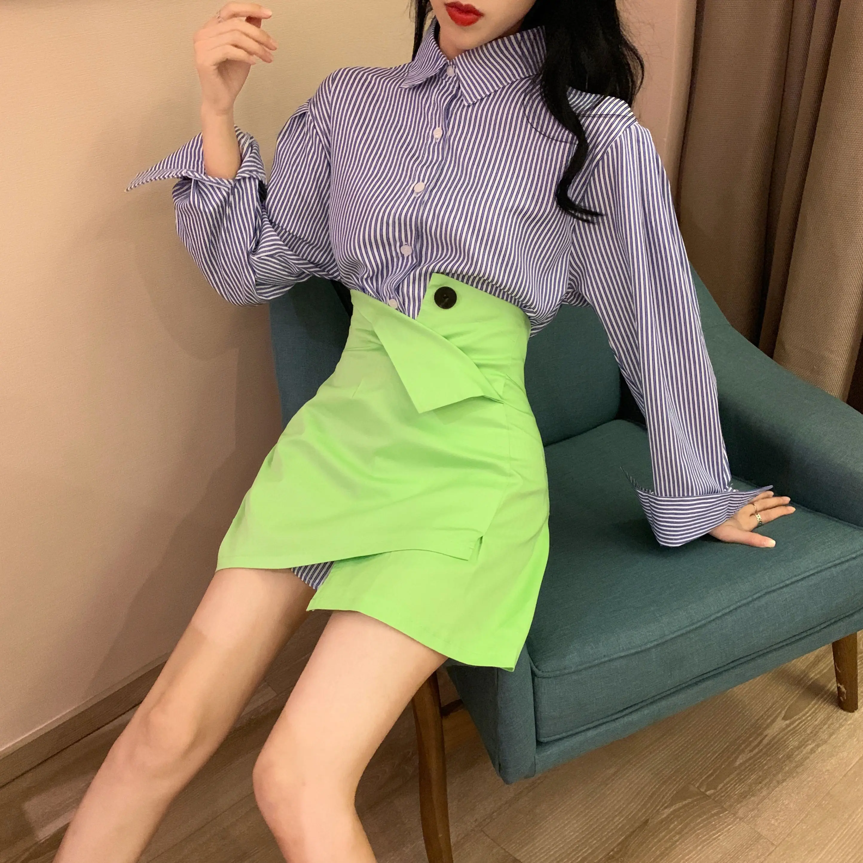 WHITNEY WANG Осенняя мода уличная 2 шт цвета контрастная рубашка мини платье женское стильное платье
