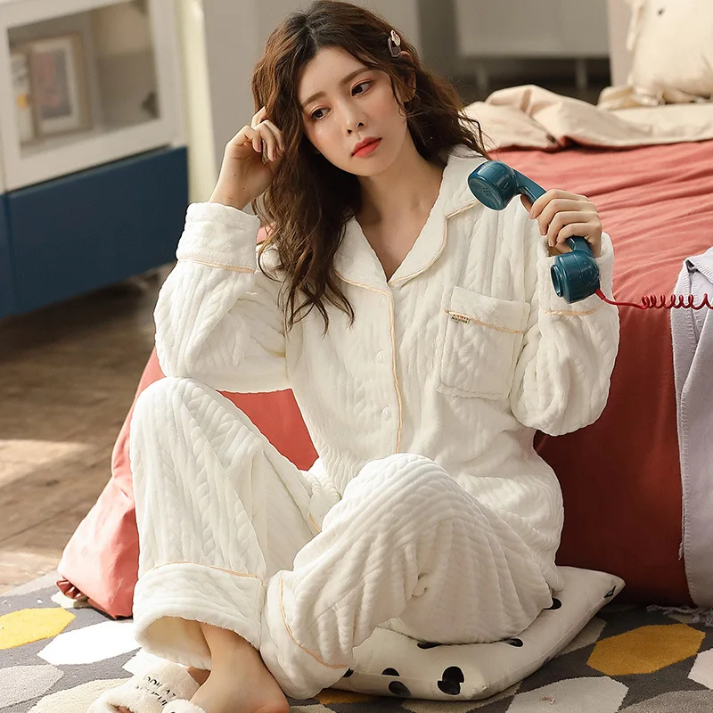 Sleepwear Pajamas Women's Autumn and Winter Plus Velvet Thick Long-sleeved Cardigan Can Be Worn Outside Warm Home Service Suit