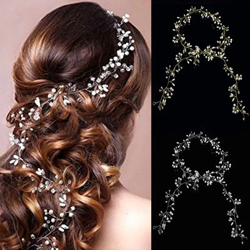

New Wedding Bride Flower Long Golden Silver Crystal Pearl Headbands European Bridal Luxury Hair Vine Handmade Hairband
