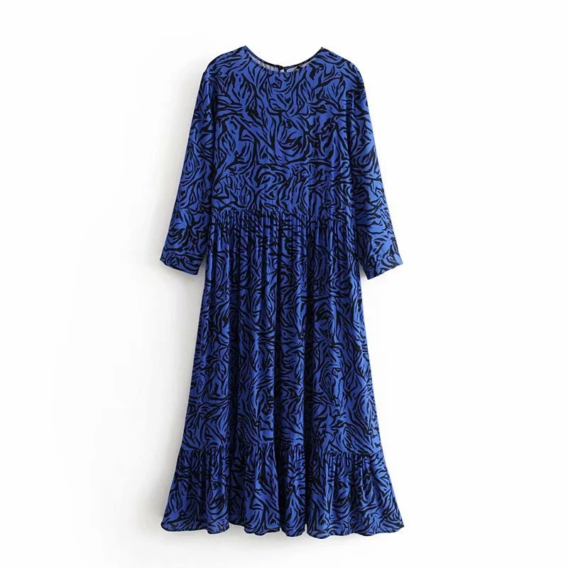 Tangada women leopard blue dress long sleeve vintage pleated loose midi dress female ladies clothing 3A41 - Color: Blue