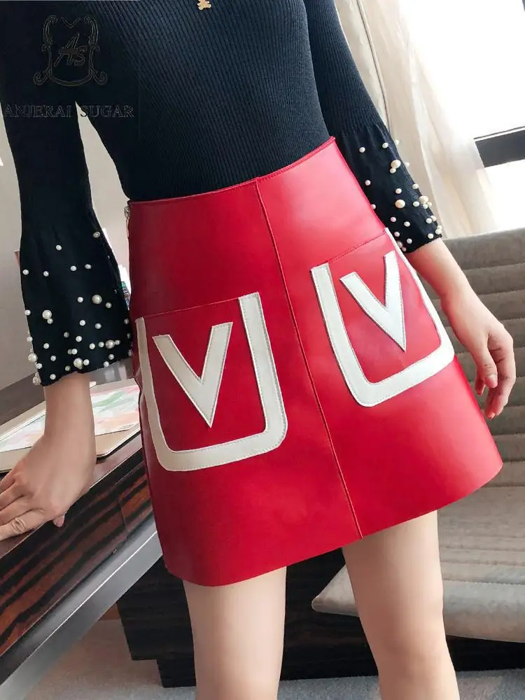 Autumn real Genuine leather skirts women sexy high waist V splicing Big pocket sheepskin real leather female short A- line skirt