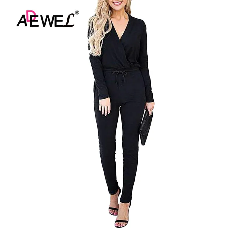 

ADEWEL 2019 Elegant Long Sleeve Jumpsuit For Women Autumn Sexy Solid Sashes Jumpsuit Elegant Overalls Casual Party Jumpsuit