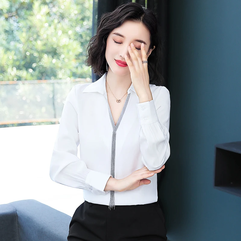

Korean Fashion Silk Women Blouses Tassel Satin Long Sleeve Women Shirts Plus Size XXXL Blusas Femininas Elegante Ladies Tops