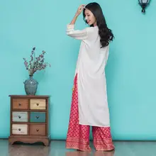 Новые женские модные комплекты в этническом стиле хлопок печати Индии Kurtas три четверти рукав длинный топ брюки