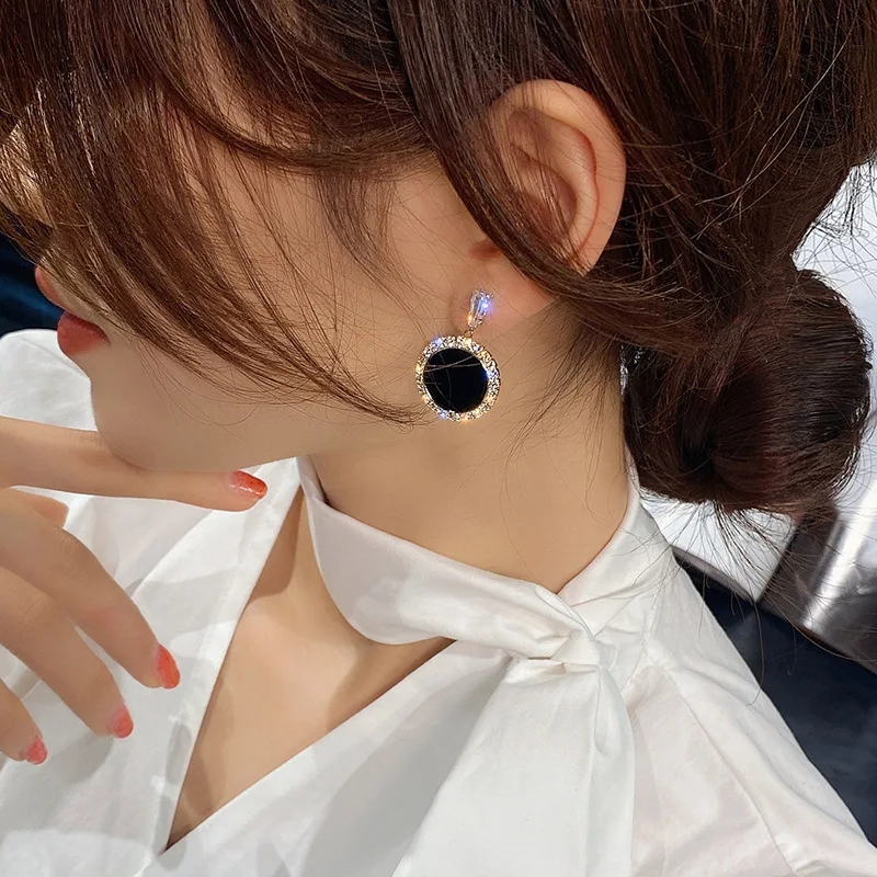 Korean version Round Rhinestone Stud Earrings Dangle Earrings Hoop Earrings Drop Earrings Pendant Earrings Long Earrings Crystal Earrings Women Fashion Simple Versatile Temperament Wedding Jewel