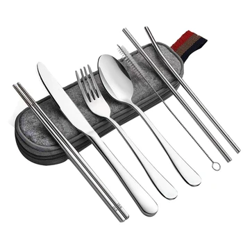 

Reusable Travel Utensils Silverware with Case,Travel Camping Cutlery Set,Chopsticks and Straw for Camping, Portable Flatware Cut