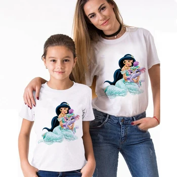 

Mother and Daughter Clothes Family Look Outfits Loose T-shirts Princess Jasmine Tshirt Retro Kids Clothes Spring Summer T shirt
