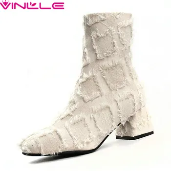 

VINLLE 2020 Fashion Women Ankle Boots Denim High Heel Zipper Round Toe All Match Western Fashion All Match Shoes Size 34-39