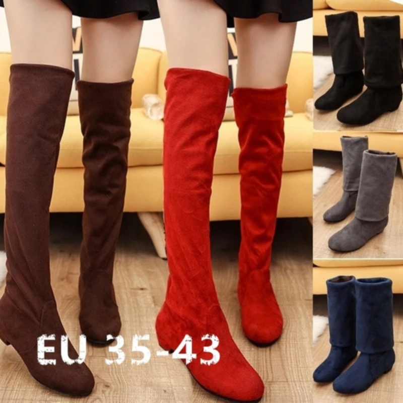 Botas por encima de la rodilla para mujer, zapatos de ante de mujer, botas largas de invierno a la moda, Zapatos altos de talla grande
