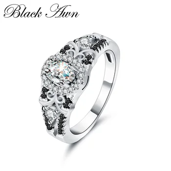 

925 Sterling Silver Row Black Stone Engagement Rings for Women Fine Jewelry Bague C315