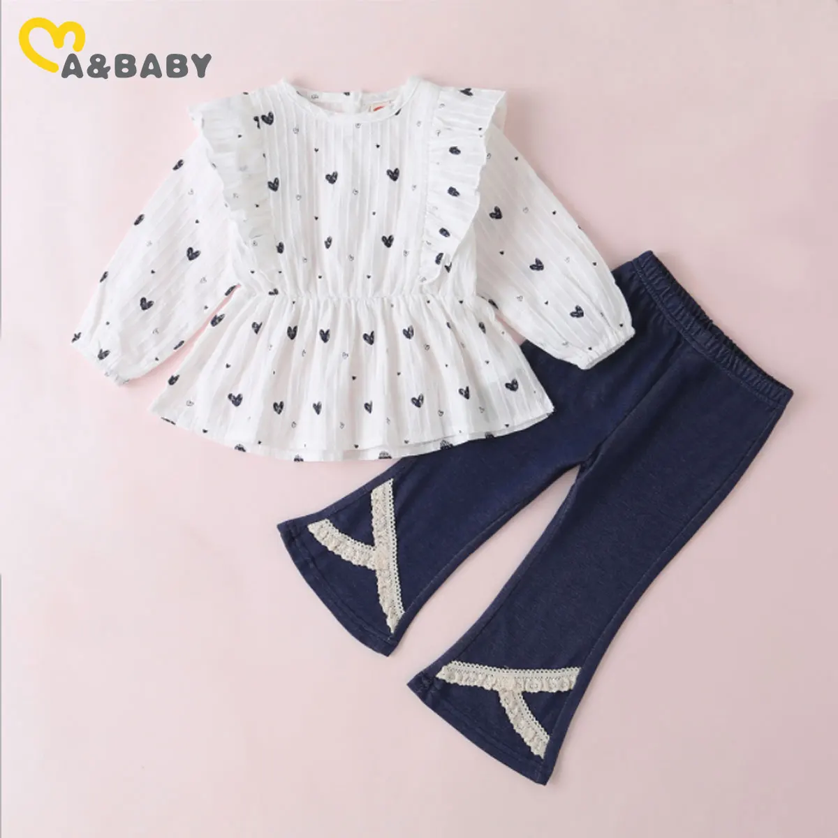 

Ma&Baby 0-3Years Spring Autumn Toddler Infant Kid Baby Girl Clothes Set Heart Ruffles Long Sleeve Top Flare Pants Jeans Outfits