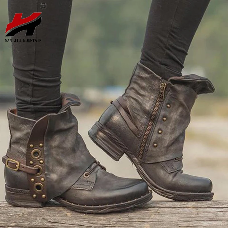 

NAN JIU MOUNTAIN Short Tube Martin Boots Flat Women's Boots Autumn Winter Retro Cuffed Leather Boots Metal Decoration