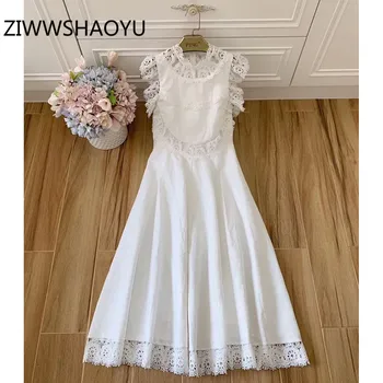 

ZIWWSHAOYU Elegant Lace Embroidery White Long Dress Women's High Quality Cotton Linen Summer Party Brand Dresses Vestdios