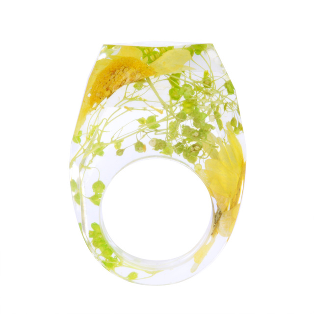 Transparent Forest Handmade Dried Flower Resin Ring Colorful Ink Pattern Scenery for Women Fashion Jewelry Ring