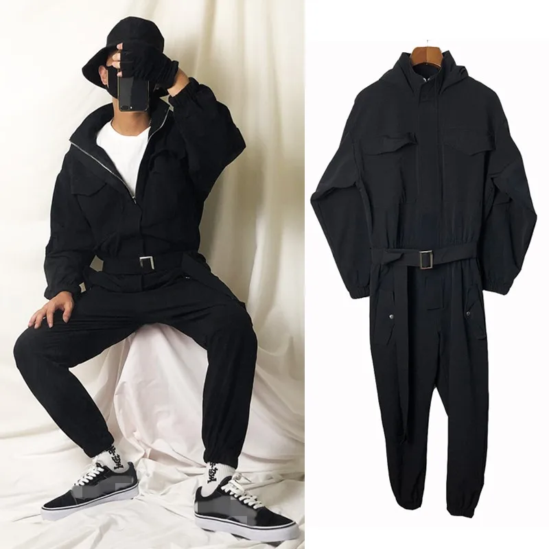 Демисезонный комбинезон с капюшоном для мужчин в японском стиле винтажные комбинезоны брюки унисекс уличные хип хоп брюки длиной до лодыжки цельный комплект - Цвет: black