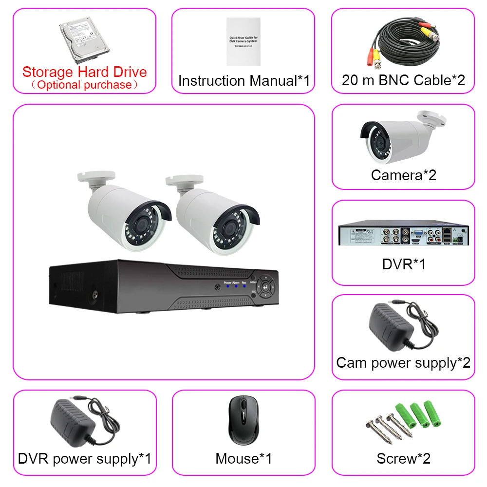 2ch 1080P AHD комплекты системы видеонаблюдения CCTV безопасности Гибридный DVR наружная металлическая пуля AHD камера видеонаблюдения P2P XMEYE 2MP комплекты - Цвет: with cable