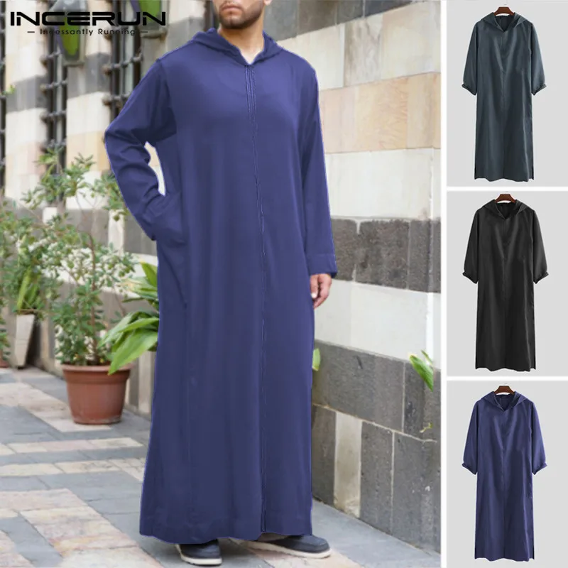 

INCERUN Men Muslim Clothing Long Sleeve Hooded Plain Saudi Arabia Dubai Robes Vintage Islamic Kaftan Men Jubba Thobe Plus Size