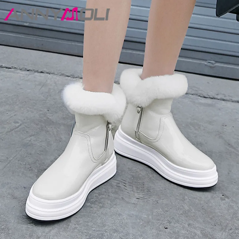 

ANNYMOLI Flat Platform Snow Boots Woman Ankle Boots Zip Round Toe Short Boots Rabbit Fur Female Shoes Winter Warm White Size 40