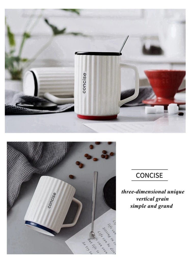 Лаконичная полосатая кружка, белая чашка для воды, керамические кружки, креативные кофейные чашки в скандинавском стиле, чайная кружка, индивидуальная чашка для молока с крышкой, ложка