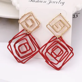

Hot Sale Rhombus Drop Earrings Red Yellow Color Wire Spiral Square Earrings Metal Maze Exaggerated Party Jewelry Pendientes
