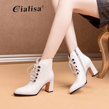 

CIALISA New Women Shoes Fashion Lace Up 2020 Genuine Leather Spring Autumn Winter Chunk Heels Round Toe Women Ankle Boots