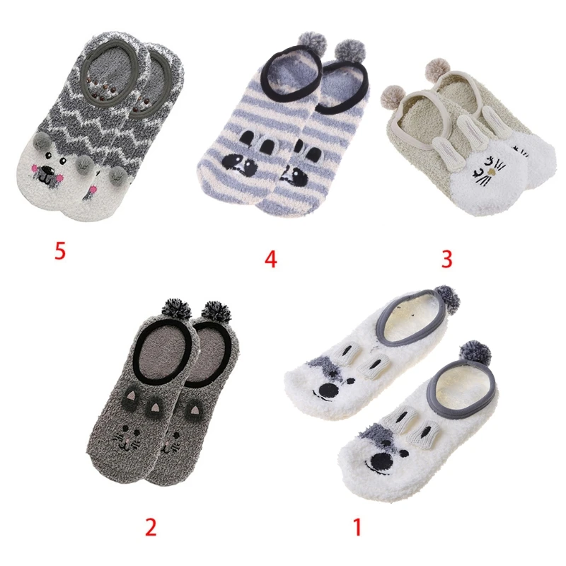 

1Pair Lady Winter Fuzzy Warm Slipper Floor Socks Cute Cartoon Animal Embroidery Coral Velvet Hoisery Footlet Sock Warmer