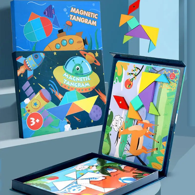 Crianças brinquedos de madeira dos desenhos animados livro tangram magnético quebra-cabeça placa auxiliar de ensino cedo brinquedos educativos para crianças presentes Crianças brinquedos de madeira dos desenhos animados livro tangram magnético quebra-cabeça placa auxiliar de ensino cedo brinquedos educativos para crianças presentes