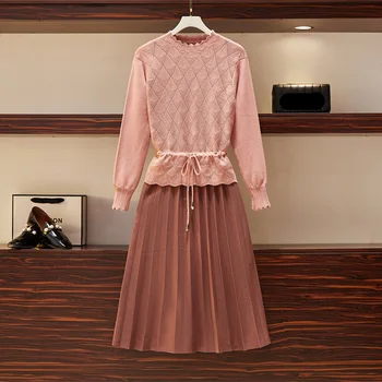 

Womne Plaid Diamond Pleated Knitted Dress Autumn Winter Fashion Sweater Work Streetwear Bodycon Bandage Pink Black Dresses Plus