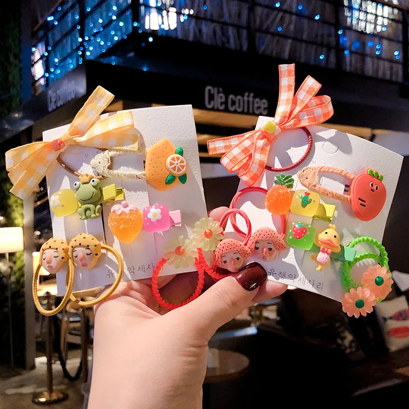 5/8 Pcs Children Cute Cartoon Flower Fruit Ornament Hair Clips Baby Girls Lovely Rubber Bands Hairpinds Kids Accessories |