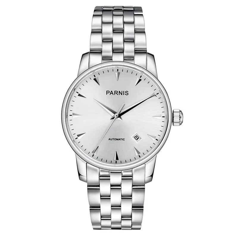 

Parnis 38MM White Dial Automatic Mechanical Silvery Hands Stainless Steel Bracelet Calendar Japan Miyota Movement Men Wristwatch