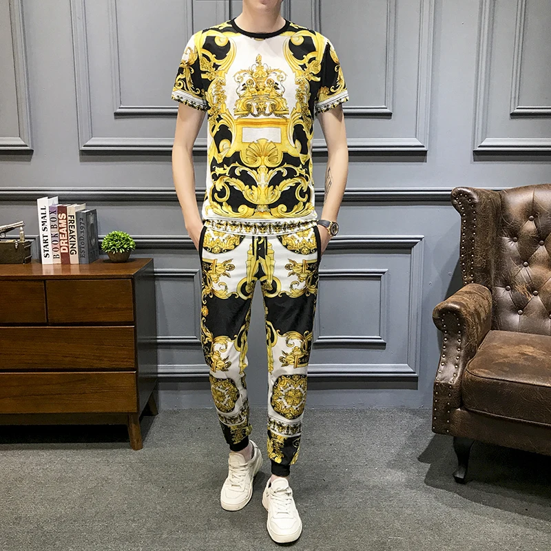 Brand-Luxury-Retro-Print-Casual-Suits-Men-2Pcs-Tshirt-Sweatpants-Summer-Men-s-Sportswear-Nightclub-Party