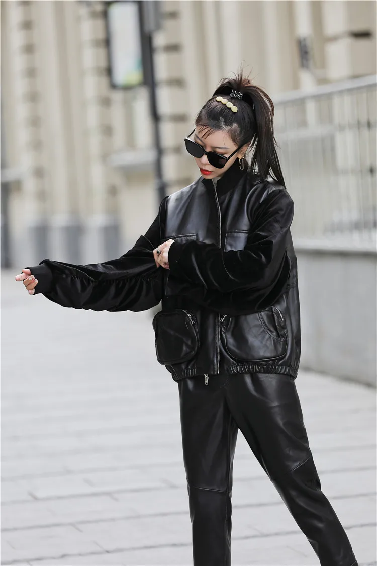 Genuine Leather Jacket Plus Size Mock Neck Safari Style Drop Shoulder Velvet Detail Sleeve Sheepskin Coat Women Casual Outwear