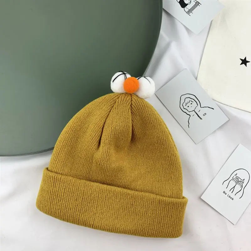 Для мальчиков ясельного возраста девочки рубчик вязаная шапка с манжетой Шапочка ярких цветов Цвет милые 3D с нарисованными глазками нос Топ Зимний двухслойный лыжный Кепки