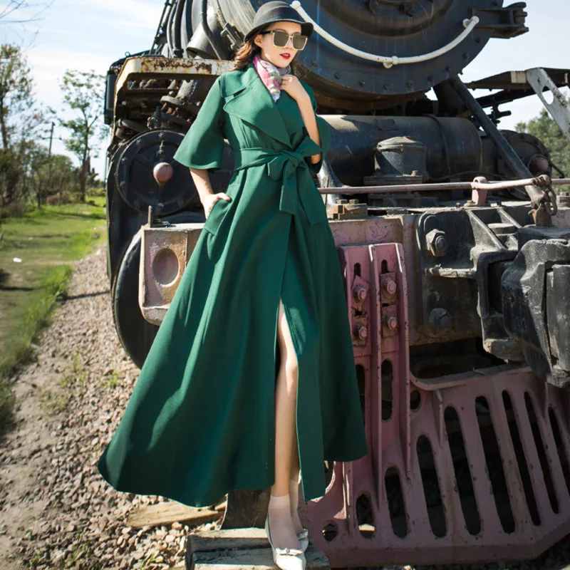 [EWQ] England Style Minimalist Half Sleeve Women Green Windbreaker Loose Long Trench Coat Slim Outwear 2019 Autumn New QL126 | Женская