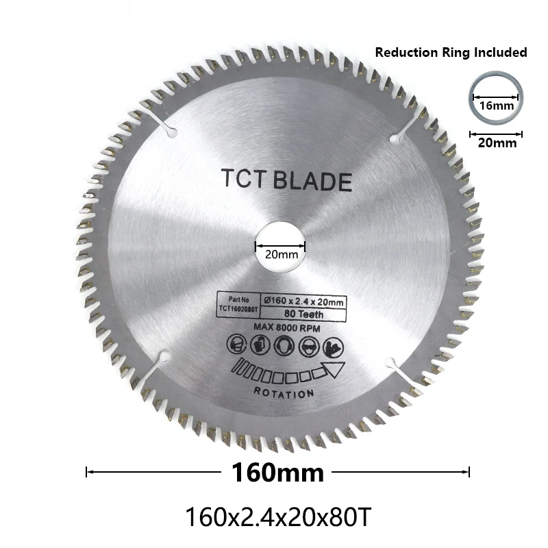 1 шт. диаметр 160 165 185 мм TCT Циркулярный пильный диск для дерева, пластика, акрила, деревообрабатывающий пильный диск 24T 48 60T 80T режущий диск - Цвет: 160x20x80T