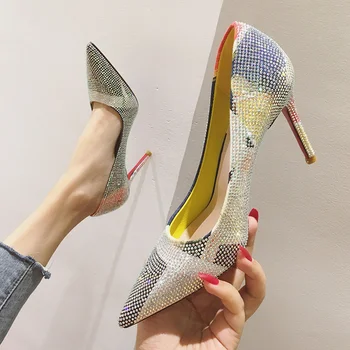 

Pointed rhinestones with single shoes 2019 autumn new wild high heels women
