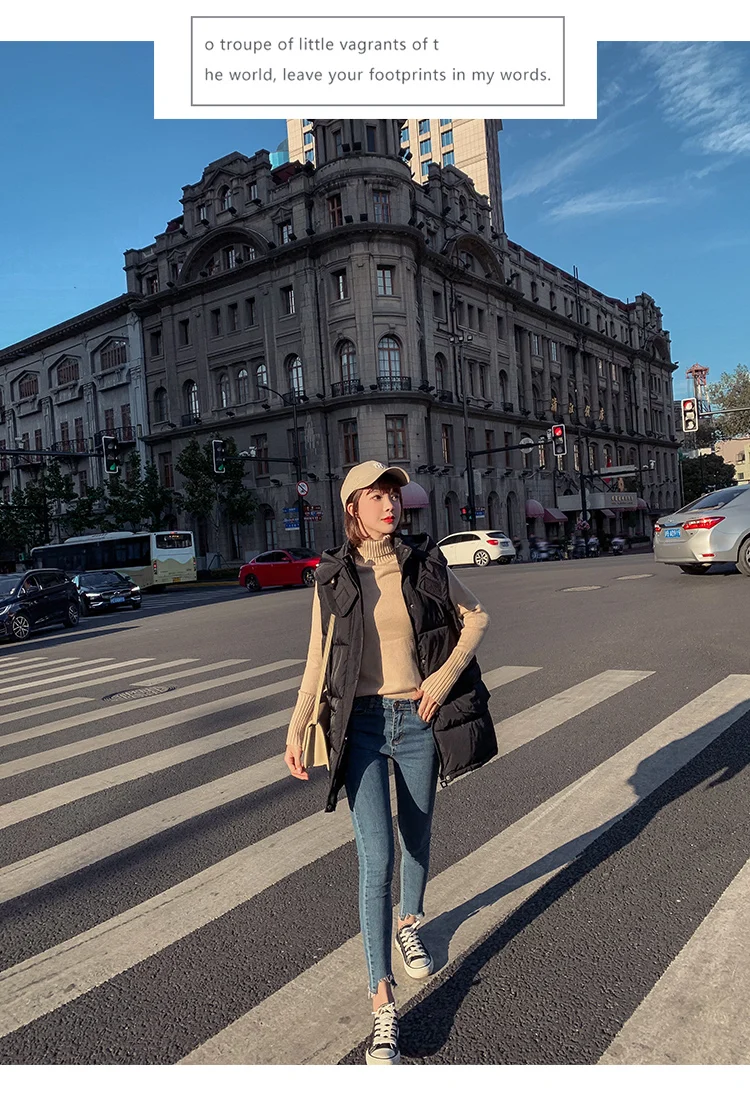 Зима без рукавов Длинный жилет пальто женский Harajuku с капюшоном хлопковый жилет куртка женская теплая куртка на молнии Корейский жилет пальто
