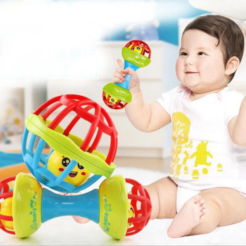 

0-12 Months Baby Rattles Soft Rubber Cartoon Hand Knocking Ball Rattle Early Educational Cute Hand Dumb Bell Infant Kids Toy