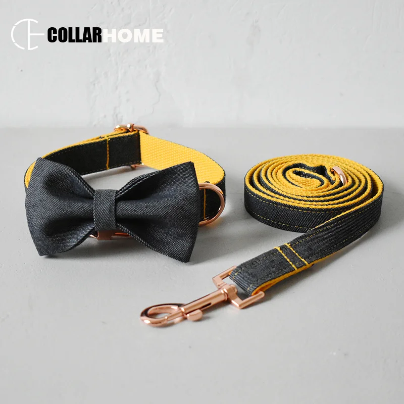 

Bow fabric dog collar leash set with bow tie for big small dog Rose Gold metal buckle pet accessories good quality dropshipping