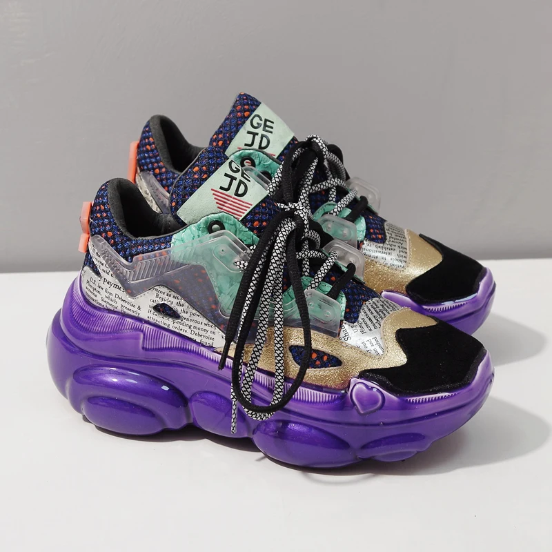 RY-RELAA; женские кроссовки; коллекция года; модные кроссовки из натуральной кожи на танкетке; стильная обувь на платформе; женская прозрачная обувь; светящаяся обувь - Цвет: Фиолетовый