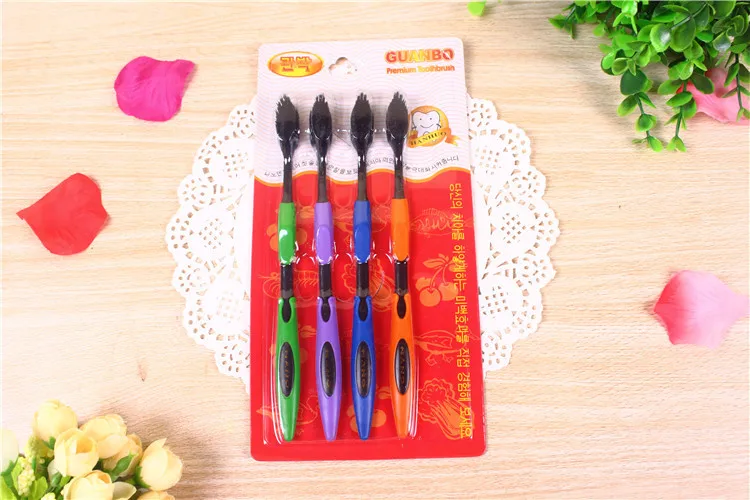 F058 Adult Four Loaded Sharpened Fine Wool Nanometer Toothbrush Black And White with Pattern Bamboo Charcoal Toothbrush Wholesal