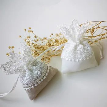 

6pcs Lace Jewelry Drawstring Organza Bags White&beige Candy Packaging Bags Wedding Gift Bags Dragees Pouches Craft Packages