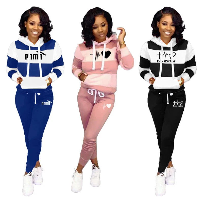 

Autumn Women Tracksuit 2 Piece Set Stripe Print Hoodies+Pants Sportwear Women's Sports Suit Female Hooded Set Hoodies Suit