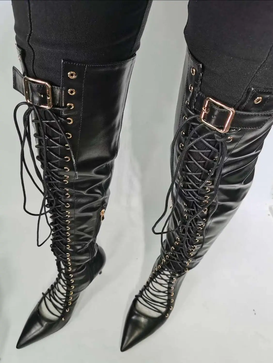 

ASHIOFU New Ladies High Heels Boots Cross-shoelace Pointy Sexy Night-club Long Shoes Evening Real-pics Fashion Allmatch Boots