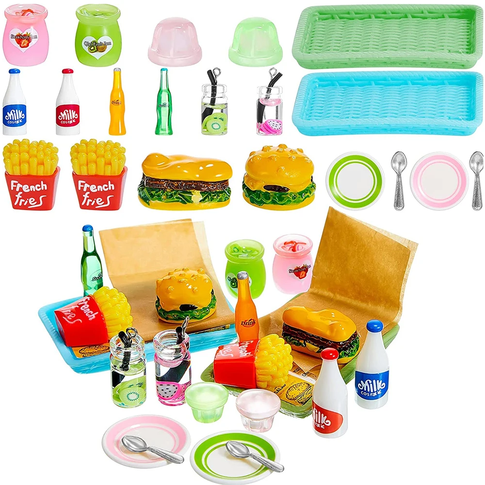 Miniature Food Toy Fits Barbies Doll Accessories, Hamburger Fries Cola Juice Fast Food Set, Pretend Play Food Toys for BJD Doll 10pcs silicone jar 5ml hamburger shape jars nonstick container bottle cream storage box makeup case cosmetic smoking accessories