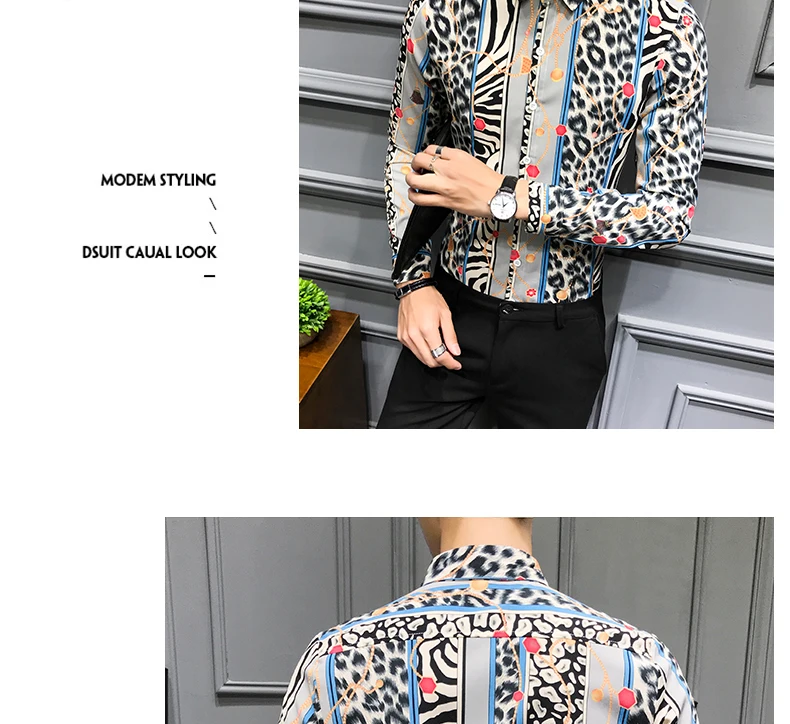 Новая модная леопардовая рубашка мужская Camisa Masculina с длинными рукавами тонкая Повседневная рубашка Весенняя Новая мужская Клубная одежда Большие размеры 5XL