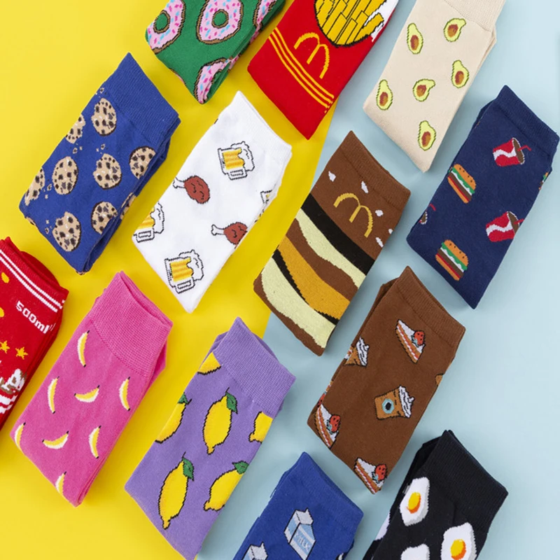 

Women Socks Cotton Cartoon Cute Egg Avocado French Fries Lemon Banana Cookie Trend Japan Harajuku Funny Female Soft Socks